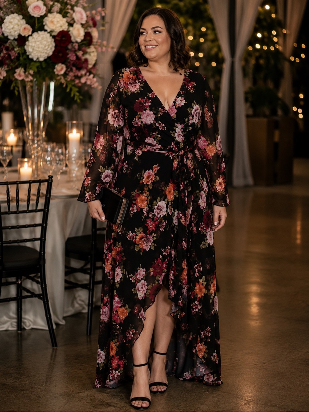 City Chic Paradise Floral Wrap Maxi Dress Black Pink Size M 18 Wedding Guest
